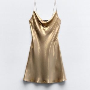 ZARA MEDIUM Gold Rhinestone Strap Foil Mini Dress